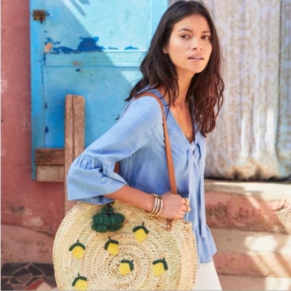 Sezane Anita Chambray Top Lace Up Denim Blouse Bell Sleeve Peplum Size 42 US 10 - Picture 4 of 16